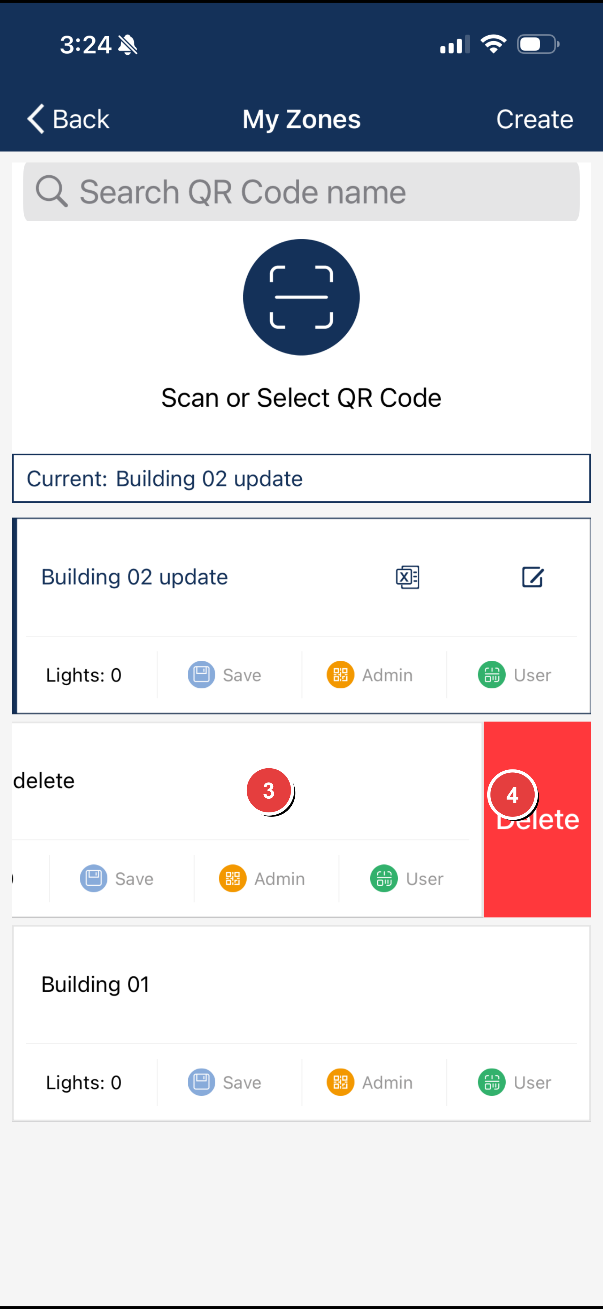 Step 3,4: Swipe from right to left across the zone's row, Tap the red Delete button that appears